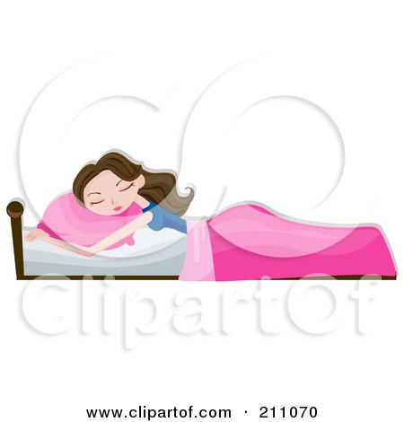 Royalty-Free (RF) Clipart Illustration of a Relaxed Brunette Woman Sleeping With A Pink Pillow And Blanket by BNP Design Studio