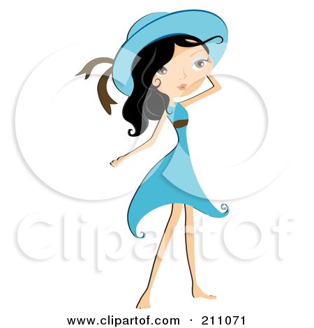 Royalty-Free (RF) Clipart Illustration of a Pretty Black Haired Woman In A Blue Dress And Hat by BNP Design Studio