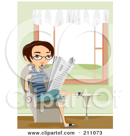 Royalty-Free (RF) Clipart Illustration of a Young Man Reading The Newspaper And Sipping Coffee In A Living Room by BNP Design Studio