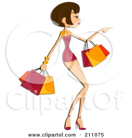 Royalty-Free (RF) Clipart Illustration of a Pretty Brunette Woman Pointing And Carrying Shopping Bags by BNP Design Studio