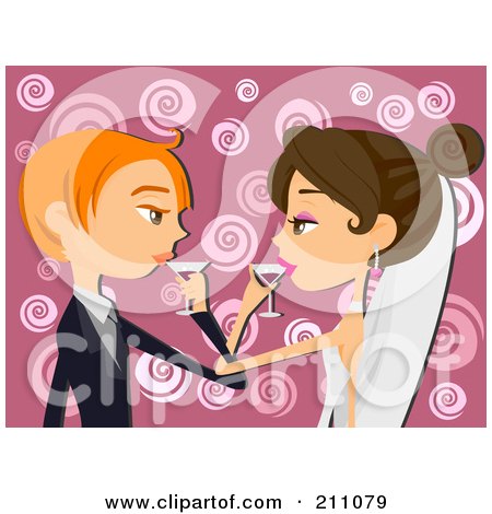 Royalty-Free (RF) Clipart Illustration of a Young Bride And Groom Drinking Wine After A Wedding Toast by BNP Design Studio
