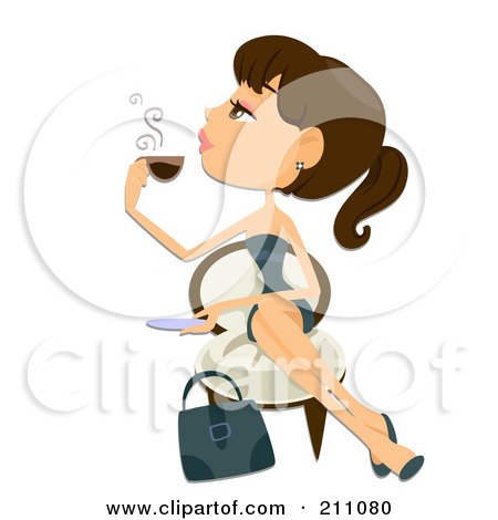 Royalty-Free (RF) Clipart Illustration of a Brunette Woman Sitting In A Chair And Blowing On Hot Coffee by BNP Design Studio