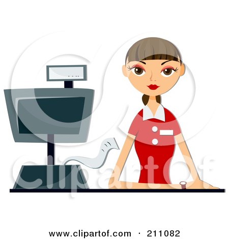 Royalty-Free (RF) Clipart Illustration of a Bored Brunette Cashier Woman At A Counter by BNP Design Studio