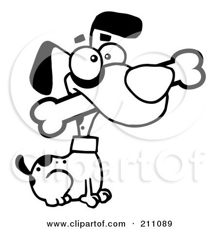 Royalty-Free (RF) Clipart Illustration of an Outlined Alert Dog Sitting With A Bone In His Mouth by Hit Toon