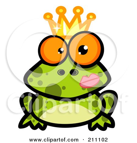 Royalty-Free (RF) Clipart Illustration of a Crowned Frog Prince With A Lipstick Kiss On His Cheek by Hit Toon