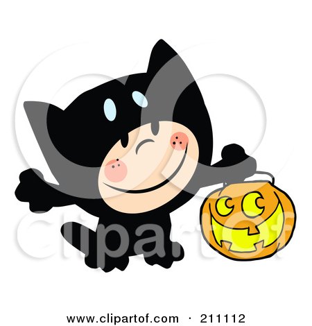 Royalty-Free (RF) Clipart Illustration of a Happy Kid Trick Or Treating In A Black Kitty Costume by Hit Toon