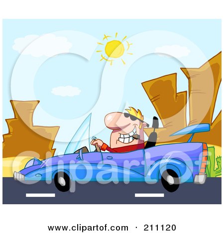 Royalty-Free (RF) Clipart Illustration of a Man Driving His Convertible Car On A Desert Road by Hit Toon