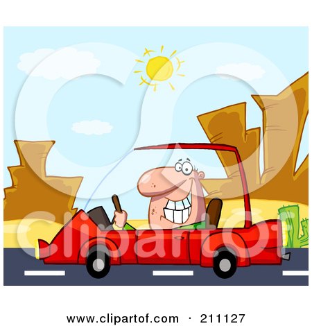 Royalty-Free (RF) Clipart Illustration of a Man Driving His Red Car On A Desert Road by Hit Toon