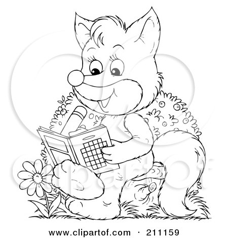 Royalty-Free (RF) Clipart Illustration of a Coloring Page Outline Of A Cute Fox Using An Activity Book by Alex Bannykh