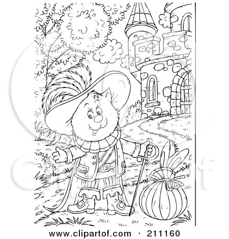 Royalty-Free (RF) Clipart Illustration of a Coloring Page Outline Of Puss In Boots By A Castle by Alex Bannykh