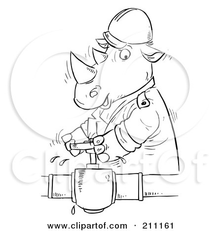 Royalty-Free (RF) Clipart Illustration of a Coloring Page Outline Of A Rhino Turning A Valve by Alex Bannykh