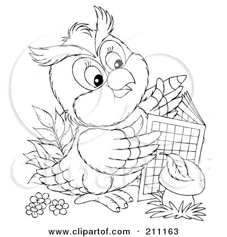 Royalty-Free (RF) Clipart Illustration of a Coloring Page Outline Of A Cute Owl Using An Activity Book by Alex Bannykh