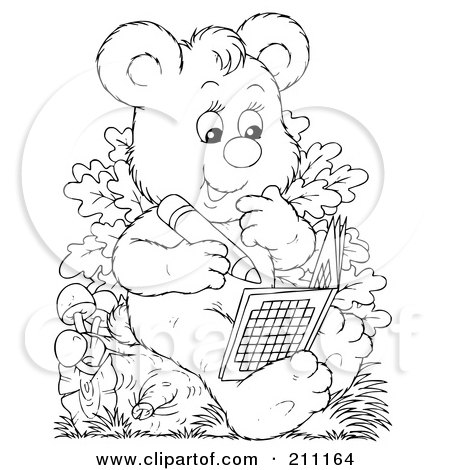Royalty-Free (RF) Clipart Illustration of a Coloring Page Outline Of A Cute Bear Using An Activity Book by Alex Bannykh