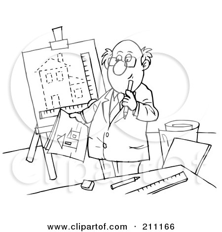 Royalty-Free (RF) Clipart Illustration of a Coloring Page Outline Of An Architect Sketching A Home by Alex Bannykh