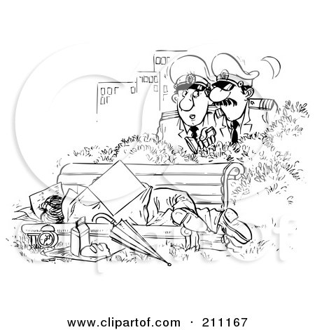 Royalty-Free (RF) Clipart Illustration of a Coloring Page Outline Of Police Discovering A Man Sleeping On A Bench by Alex Bannykh