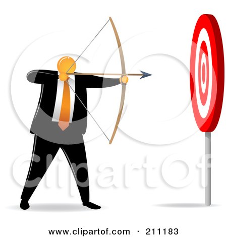 Royalty-Free (RF) Clipart Illustration of an Orange Faceless Businessman Archer Aiming For An Easy Target by Qiun