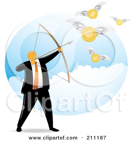 Royalty-Free (RF) Clipart Illustration of an Orange Faceless Businessman Archer Aiming For Coins by Qiun