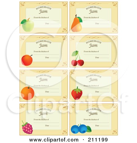 Royalty-Free (RF) Clipart Illustration of a Digital Collage Of Pastel Orange Homemade Jam From The Kitchen Of Labels With Fruit, Text And Date Space by Eugene