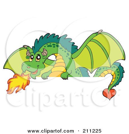 Royalty-Free (RF) Clipart Illustration of a Green Dragon Breathing Fire Over A Blank Sign by visekart