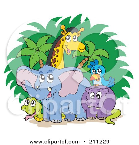 Royalty-Free (RF) Clipart Illustration of a Giraffe, Hippo, Parrot, Snake And Giraffe Standing By Trees And Bushes by visekart