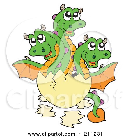 Royalty-Free (RF) Clipart Illustration of a Triple Headed Dragon Baby Hatching From An Egg by visekart