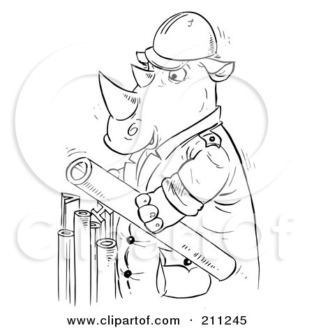 Royalty-Free (RF) Clipart Illustration of a Coloring Page Outline Of A Rhino Holding Pipes by Alex Bannykh