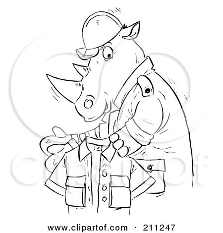 Royalty-Free (RF) Clipart Illustration of a Coloring Page Outline Of A Rhino Holding A Shirt by Alex Bannykh