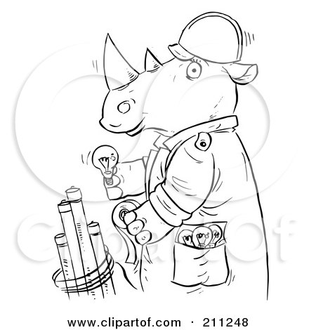 Royalty-Free (RF) Clipart Illustration of a Coloring Page Outline Of A Rhino Installing Light Bulbs by Alex Bannykh