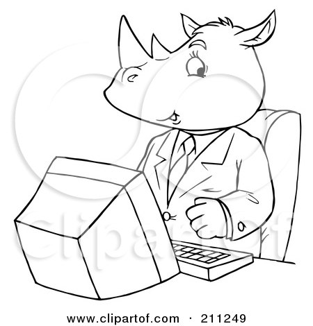 Royalty-Free (RF) Clipart Illustration of a Coloring Page Outline Of A Rhino Using A Computer by Alex Bannykh