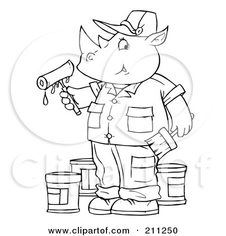 Royalty-Free (RF) Clipart Illustration of a Coloring Page Outline Of A Rhino Painter by Alex Bannykh