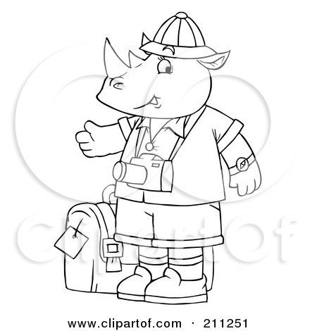 Royalty-Free (RF) Clipart Illustration of a Coloring Page Outline Of A Rhino Tourist With A Camera by Alex Bannykh