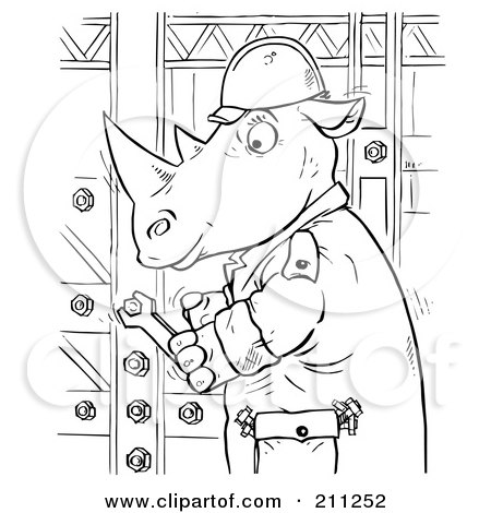 Royalty-Free (RF) Clipart Illustration of a Coloring Page Outline Of A Rhino Tightening Bolts by Alex Bannykh