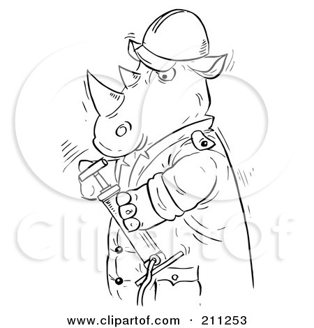 Royalty-Free (RF) Clipart Illustration of a Coloring Page Outline Of A Rhino Holding A Pump by Alex Bannykh