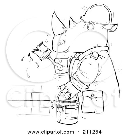 Royalty-Free (RF) Clipart Illustration of a Coloring Page Outline Of A Rhino Painting A Brick Wall by Alex Bannykh