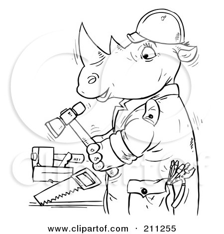 Royalty-Free (RF) Clipart Illustration of a Coloring Page Outline Of A Rhino Using Tools by Alex Bannykh