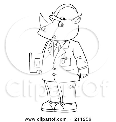 Royalty-Free (RF) Clipart Illustration of a Coloring Page Outline Of A Rhino Engineer In A Suit by Alex Bannykh
