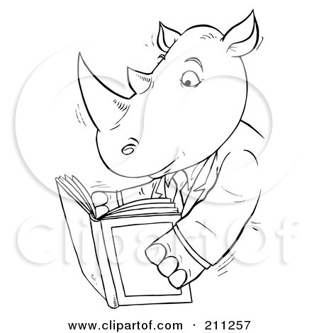 Royalty-Free (RF) Clipart Illustration of a Coloring Page Outline Of A Rhino Reading A Book by Alex Bannykh