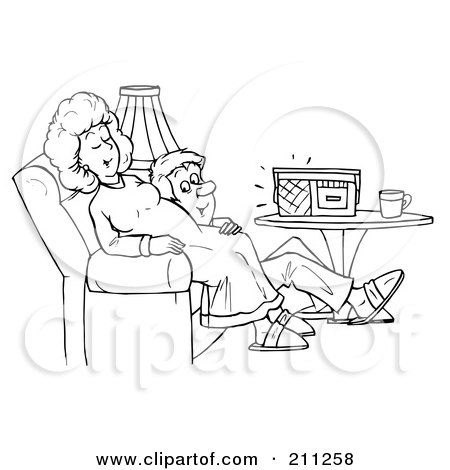 Royalty-Free (RF) Clipart Illustration of a Coloring Page Outline Of A Happy Man Listening To A Baby In His Wife's Belly by Alex Bannykh