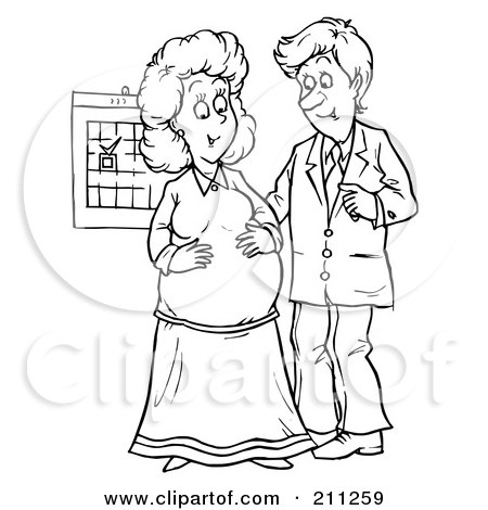 Royalty-Free (RF) Clipart Illustration of a Coloring Page Outline Of A Happy Couple Expecting A Baby by Alex Bannykh