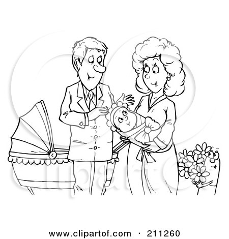 Royalty-Free (RF) Clipart Illustration of a Coloring Page Outline Of A Happy Couple With A Newborn Baby by Alex Bannykh