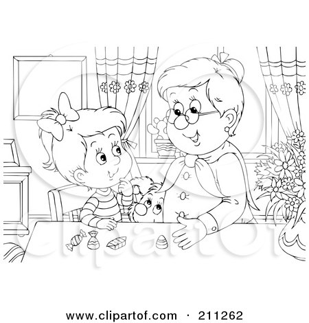 Royalty-Free (RF) Clipart Illustration of a Coloring Page Outline Of A Granny Giving Candy To A Girl by Alex Bannykh