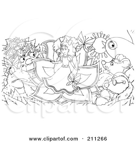 Royalty-Free (RF) Clipart Illustration of a Coloring Page Outline Of A Tiny Girl In A Flower, Surrounded By Critters by Alex Bannykh