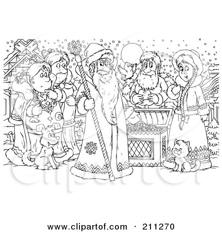 Royalty-Free (RF) Clipart Illustration of a Coloring Page Outline Of A Group  Of People By A Treasure Chest by Alex Bannykh