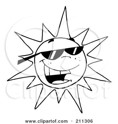 Royalty-Free (RF) Clipart Illustration of an Outlined Hot Summer Sun Wearing Shades by Hit Toon
