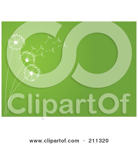 Royalty-Free (RF) Clipart Illustration of White Dandelion Seeds Floating Away Over A Green Background by Eugene