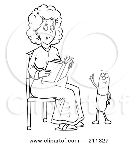 Royalty-Free (RF) Clipart Illustration of a Coloring Page Outline Of A Pill Talking To A Woman Reading by Alex Bannykh