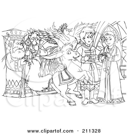 Royalty-Free (RF) Clipart Illustration of a Coloring Page Outline Of A Mean King Watching A Prince And Princess by Alex Bannykh
