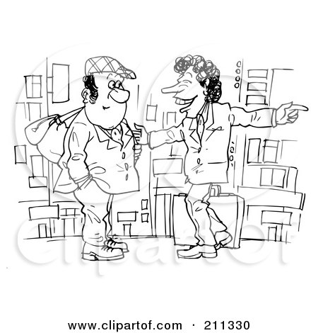 Royalty-Free (RF) Clipart Illustration of a Coloring Page Outline Of Two Men Talking On A Street by Alex Bannykh