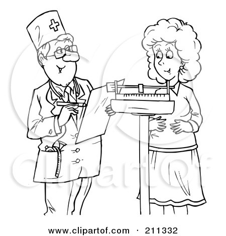Royalty-Free (RF) Clipart Illustration of a Coloring Page Outline Of A Doctor Weighing A Woman On A Scale by Alex Bannykh