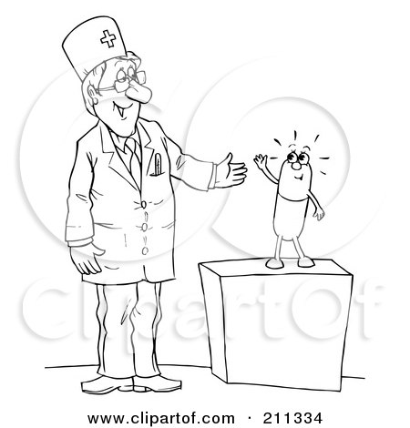 Royalty-Free (RF) Clipart Illustration of a Coloring Page Outline Of A Doctor And Pill Giving A High Five by Alex Bannykh